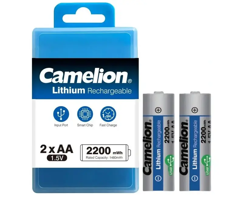 Camelion Rechargeable Lithium Battery: Type-C Input Battery Ub-Aa2200-Pbh2 ( 2Pcs/Box+10Cm Type A To Type C X 2 Cable ) 1.5V Lithium Aa Rechargeable - 1460Mah / 2200Mwh 782-946 1