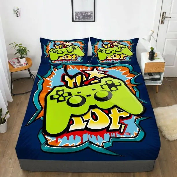 Cratoon Green Game Handle Printed Bedding Sheet With Pillowcase Children Teens Home Textiles 1