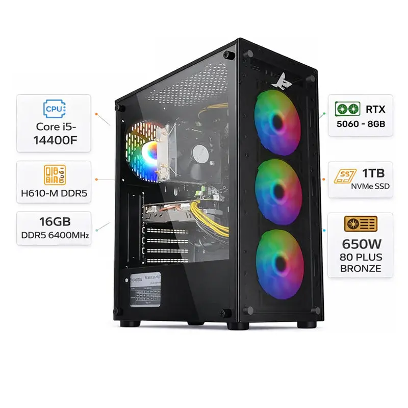 Custom Gaming Pc Intel Core I5-14400F, Rtx 5060 8Gb, 16Gb Ram Ddr5 6400Mhz, 1Tb Nvme, Windows 11 Pro 1