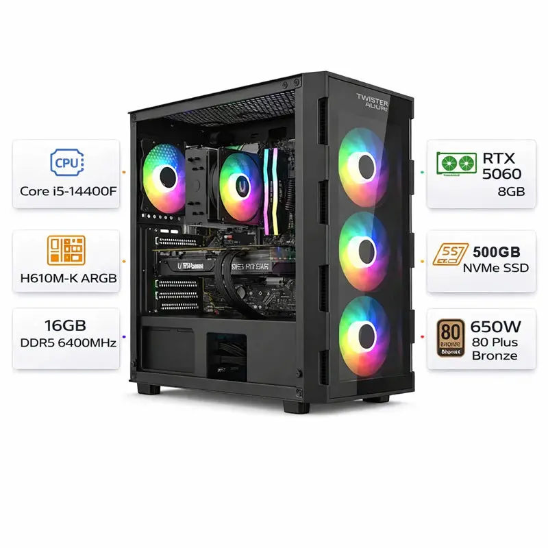 Custom Gaming Pc Intel Core I5-14400F, Rtx 5060 8Gb, 16Gb Ram Ddr5 6400Mhz, 500Gb Ssd, Windows 11 Pro 1