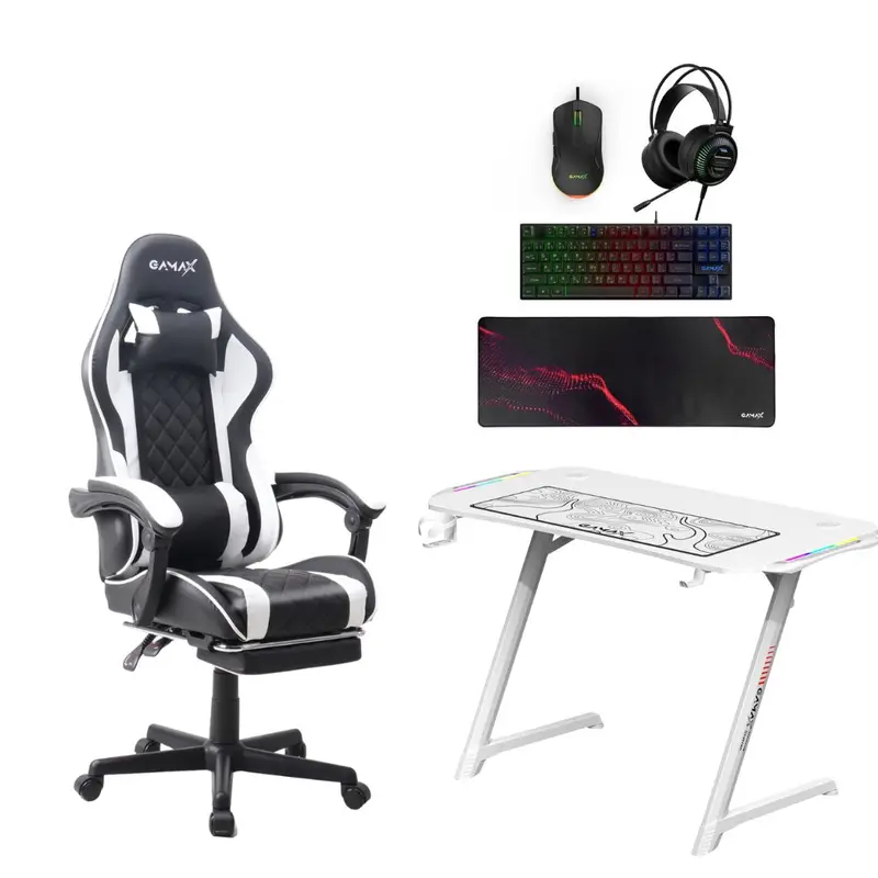 Gamax Gm-645 4-In-1 Wired Pc Accessory Set Black + Gaming Chair Model 1-Lt001l White + Z5-1160 Td-03 Carbon Fiber Gaming Table 110×60×75Cm With Rgb Light And Mousepad White 1