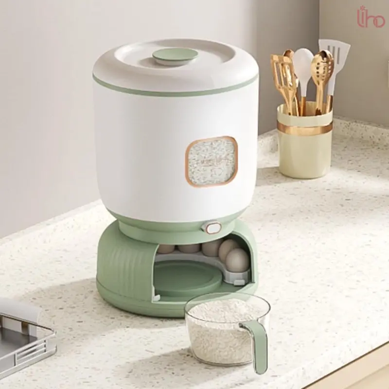 Large 10Kg Rice Grain Cereal Dispenser & Storage Container With Rotating Egg Storage & Cup 1