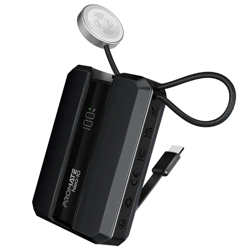 Promate-10000Mah 30W Power Delivery Ultra-Fast Power Bank W/ In-Built Usb-C Cable & Apple Watch Charger - Black 1
