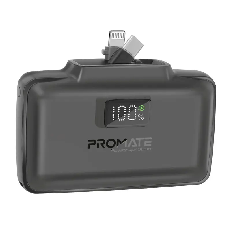 Promate 10000Mah Ultra-Compact Fast Charging Power Bank With Dual Folding Usb-C & Lightning Connector - Black 1