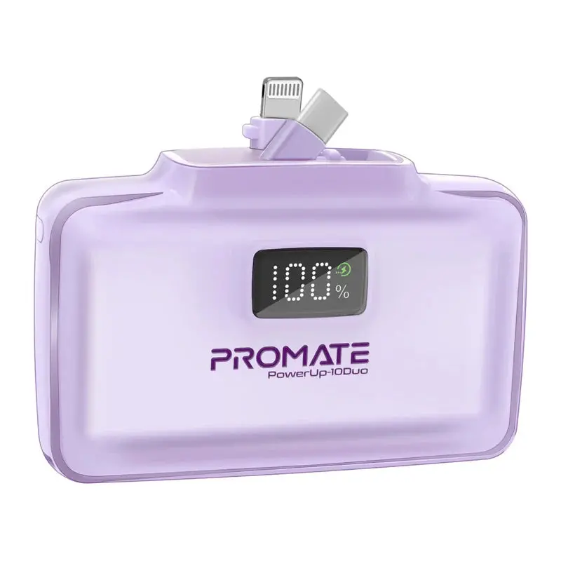 Promate 10000Mah Ultra-Compact Fast Charging Power Bank With Dual Folding Usb-C & Lightning Connector - Purple 1