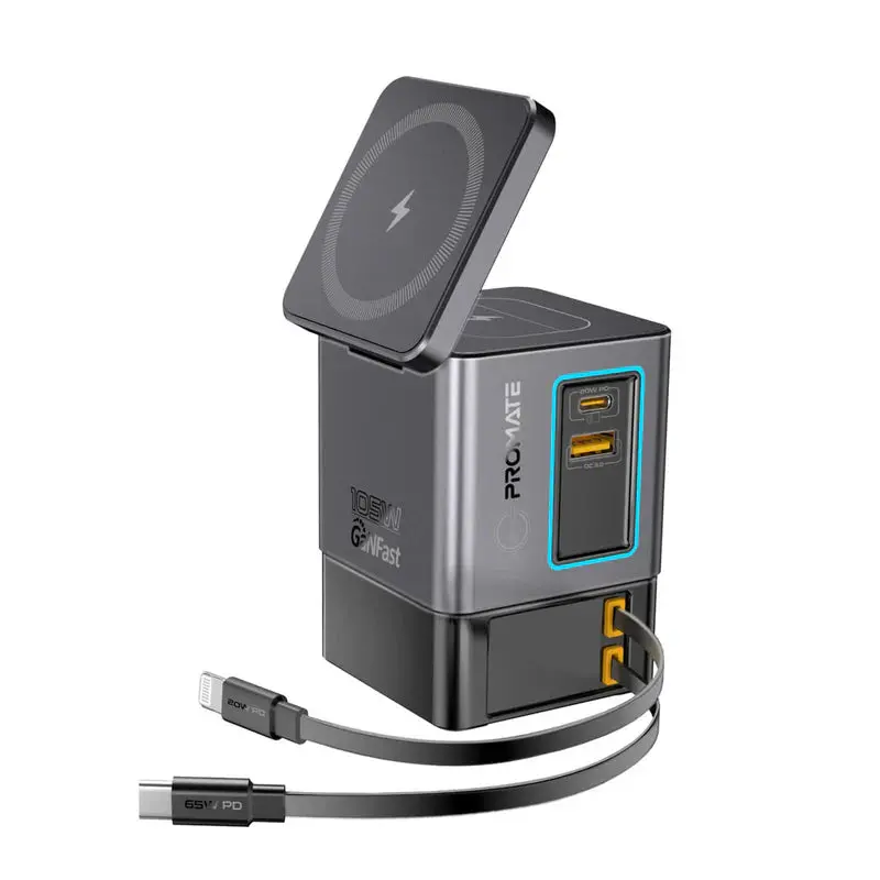 Promate 105W Ganfast™ Multi-Port Wireless Charging Station With Dual Retractable Cables • 15W Magsafe Compatible Wireless Charger - Black 1
