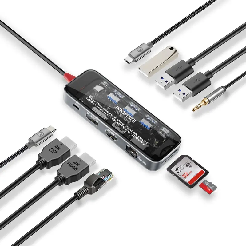 Promate 11-In-1 Transparent Ultra-Fast Multi-Port Usb-C Hub With 100W Power Delivery,  Trans 1