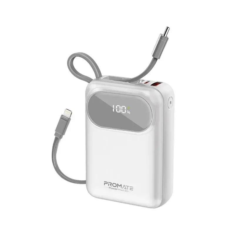 Promate-20000Mah Ultra Compact 35W Superspeed™ Power Bank With Built-In Usb-C & Lightning Cable - White 1