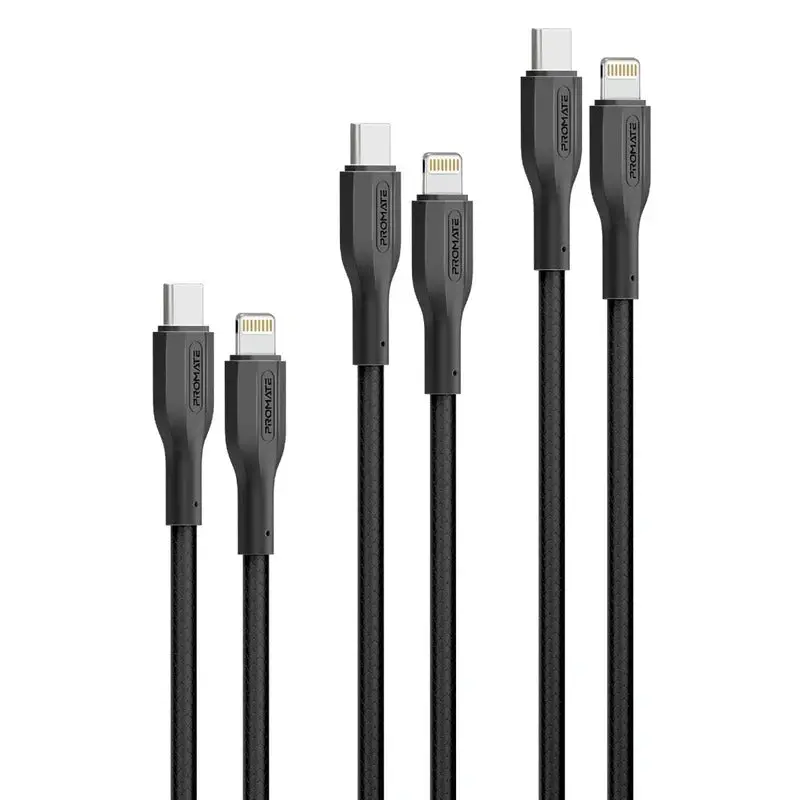 Promate 27W Power Delivery 3Pcs High Tensile Strength Usb-C To Lightning Cable Kit, Black 1