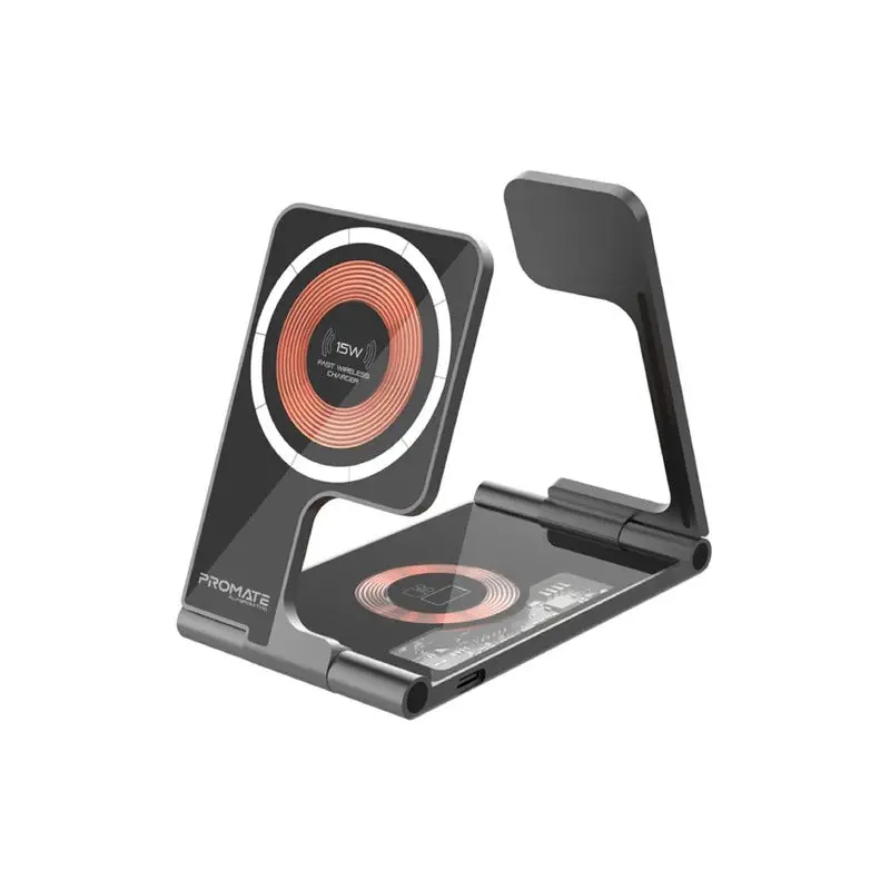 Promate 3 In 1 Ultra-Slim Transparent Foldable 15W Magsafe Compatible Wireless Charging Station - Black 1