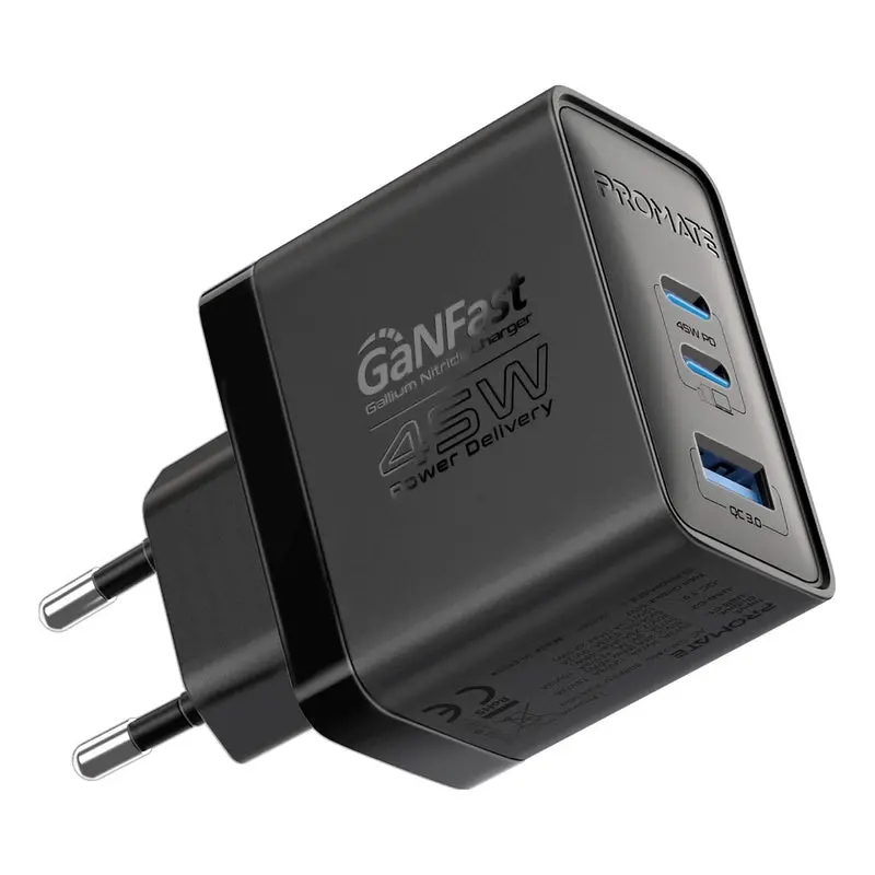 Promate 45W Power Delivery Ganfast Charging Adapter 2 X 45W Usb-C Pd Ports - Black 1