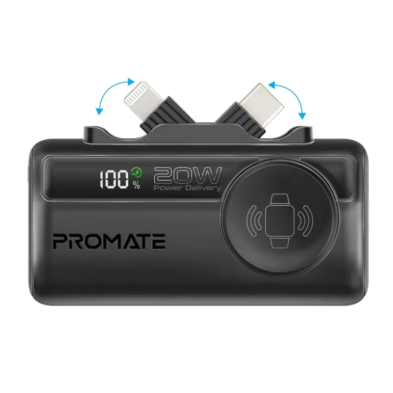 Promate 5000Mah Ultra-Compact Fast Charging Power Bank With Dual Folding Usb-C & Lightning Connector  &  Apple Watch Charge 1