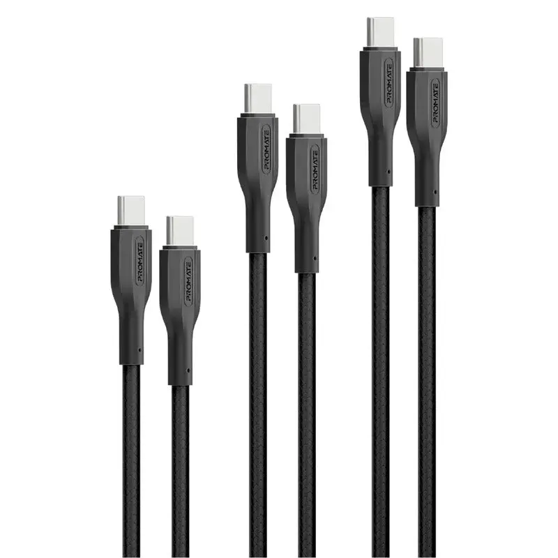 Promate 60W Power Delivery 3Pcs High Tensile Strength Usb-C Cable Kit, Black 1