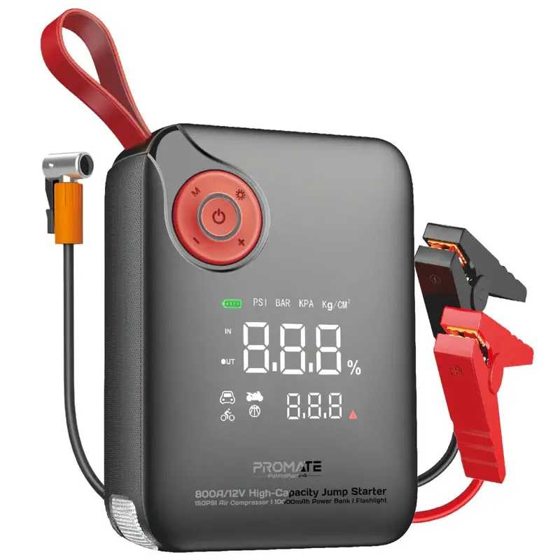 Promate 800A/12V High-Capacity Jump Starter 150Psi Air Compressor With 10000Mah Power Bank & Flashlight  - Gray 1
