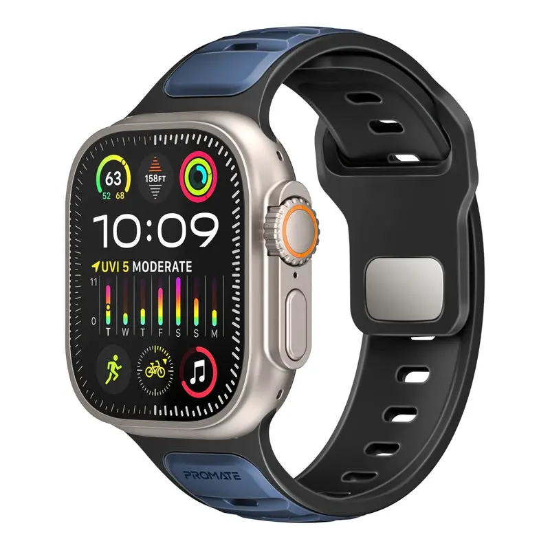 Promate Durable Two-Toned Silicone Sporty Watch Band For Apple Watch Series 1~9, Se & Ultra 1~2  Made From Premium Silicone Materials - Blue 1