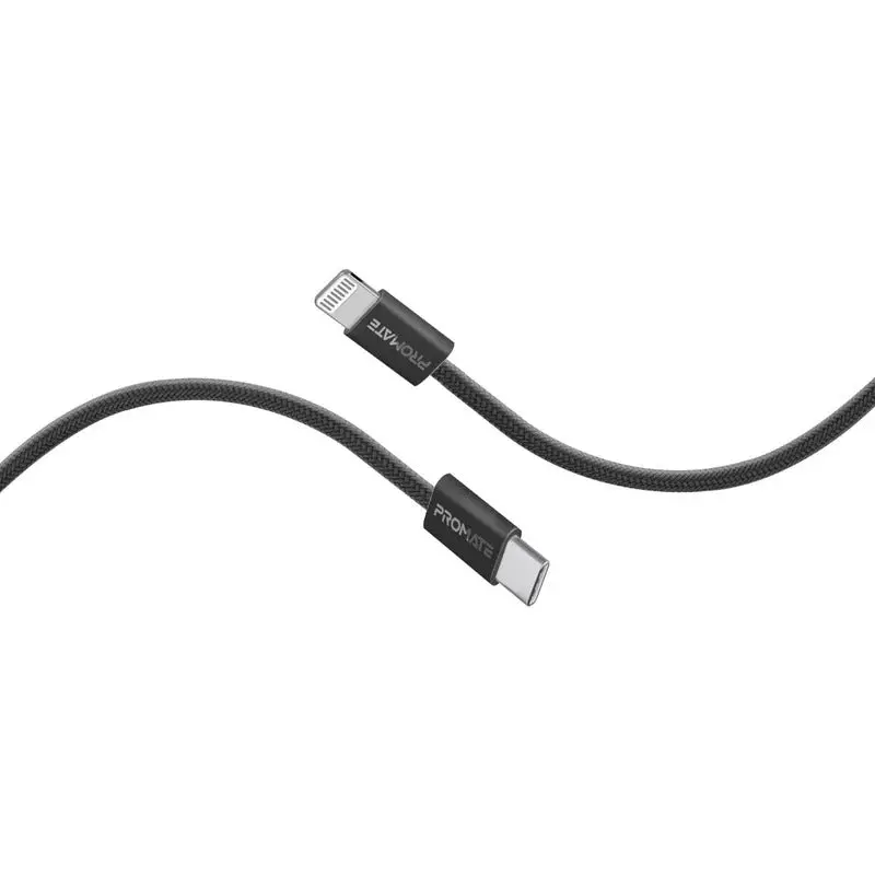 Promate Ecoline-Ci120 Super-Fast 27W Power Delivery Usb-C To Lightning Fabric Braided Cable 1.2 Meters, Black 1
