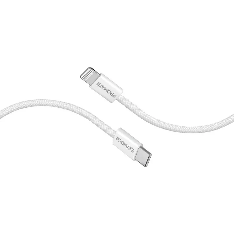 Promate Ecoline-Ci120 Super-Fast 27W Power Delivery Usb-C To Lightning Fabric Braided Cable 1.2 Meters, White 1