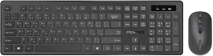 Promate Procombo-13 English/Arabic Wireless Keyboard And Mouse Combo, Slim Full-Size 2.4Ghz Wireless Keyboard With 1600 Dpi Ambidextrous Mouse, Nano Usb Receiver, Quiet Keys,  Black 1