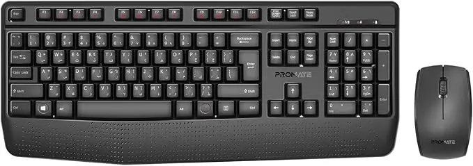 Promate Procombo-14 English/Arabic Wireless Keyboard And Mouse Combo, 2.4Ghz Wireless With Built-In Palm Rest, Multi-Grip 1200 Dpi Mouse, Nano Usb Receiver, Black 1