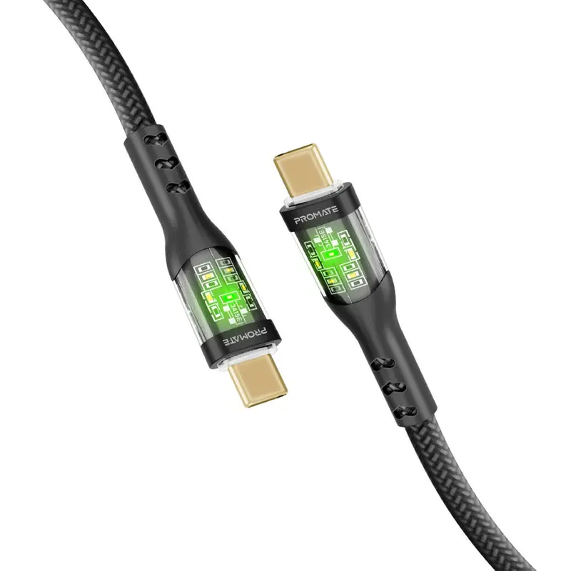 Promate Transline Cc200 60W Power Delivery Ultra-Fast Usb-C Cable With Transparent Shells 1.2 Meter - Black 1