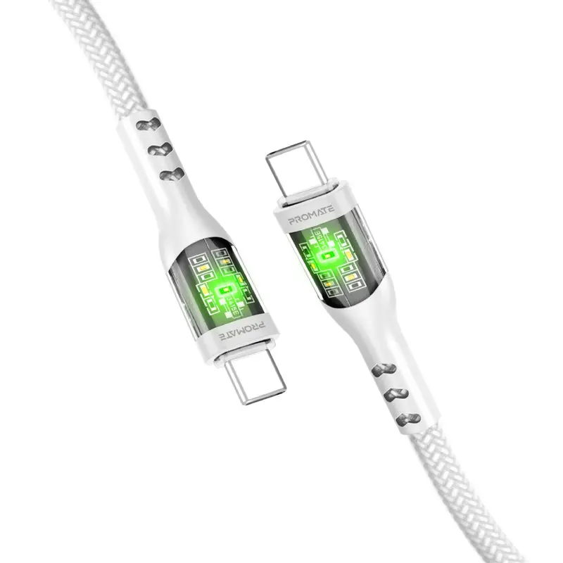 Promate Transline Cc200 60W Power Delivery Ultra-Fast Usb-C Cable With Transparent Shells 1.2 Meter - White 1