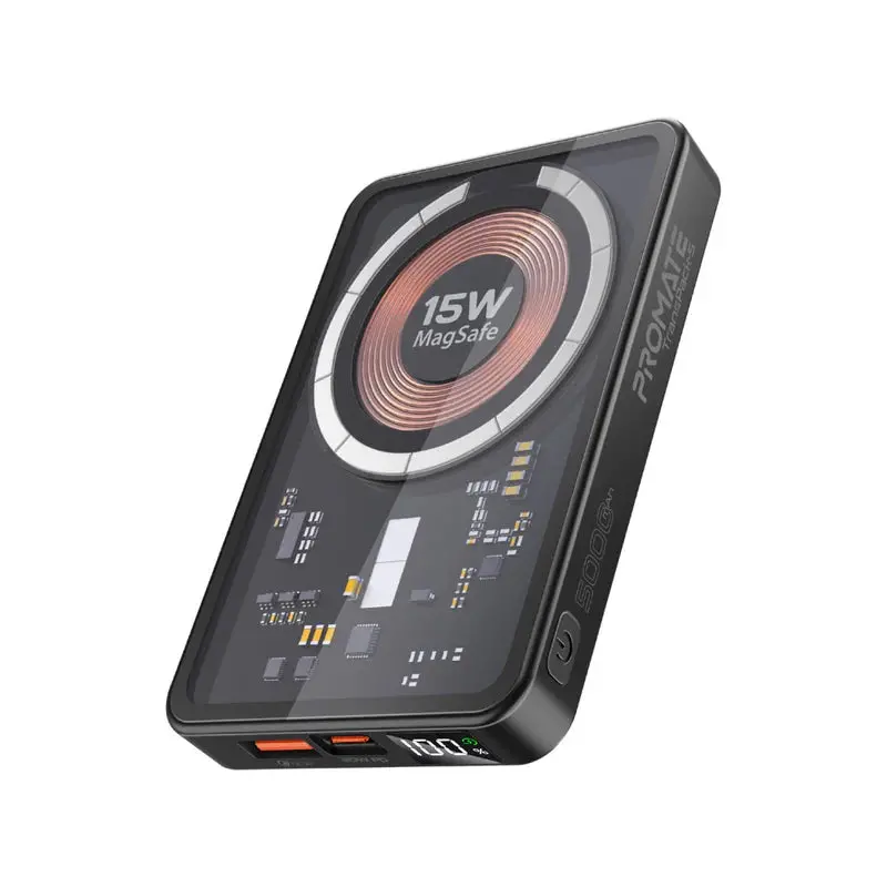 Promate -Transmag-20Pro Transparent 15W Magsafe Compatible Wireless Charging Power Bank With Ac Charger - Black 1