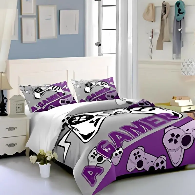 Purple & Gray Ps1 Joystic Logos Creative Fashionable Unique Design Bed & Pillow Sheet 1