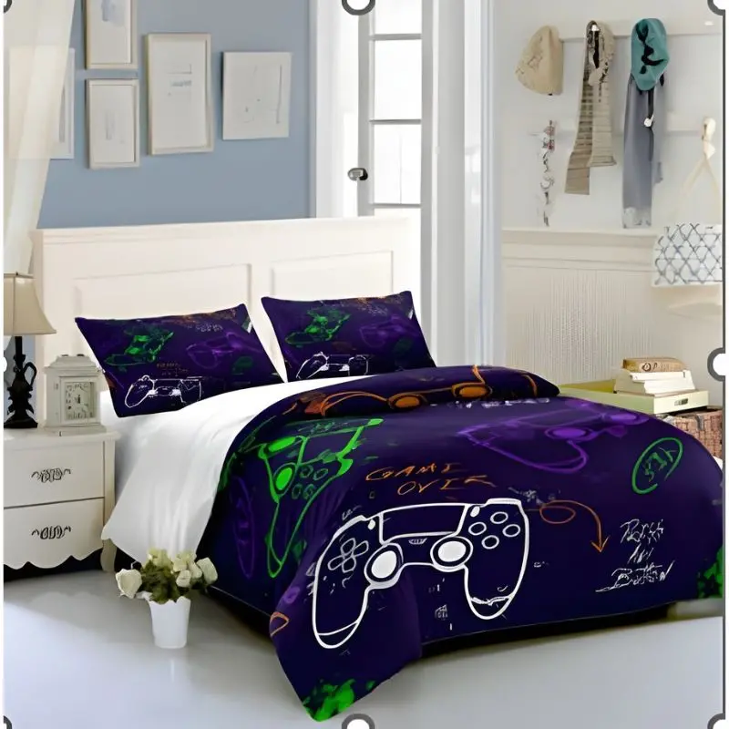 Purple With Ps1 Joystic Logos Creative Fashionable Unique Design Bed & Pillow Sheet 1
