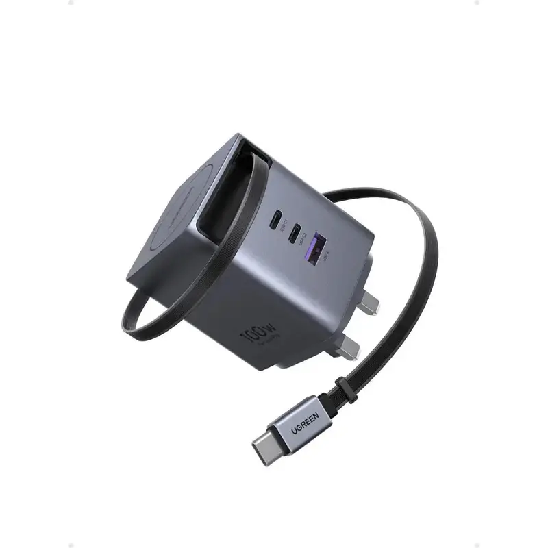 Ugreen 100W Gan Fast Charger With Retractable Cable (3-Port) (Space Gray) - X616-65829 1