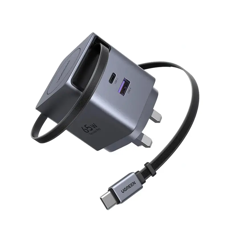 Ugreen 65W Gan Fast Charger With Retractable Cable (2-Port) (Space Gray) - X615-65826 1