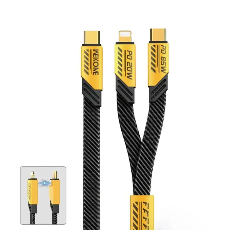 Wekome Wdc-189 Mecha Series - 2In1 Usb-C To Lightning + Usb-C 65W Fast Charging Cable 1.2 M - Yellow 1