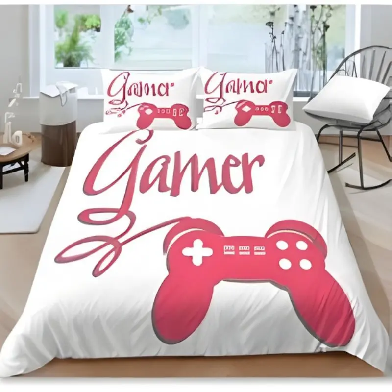 White With Pink Gamer Joystic Creative Fashionable Unique Design Bed & Pillow Sheet 1